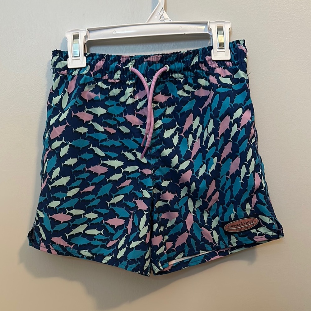Vineyard Vines Blue and Purple Shark Swim Shorts.  Boy 7.